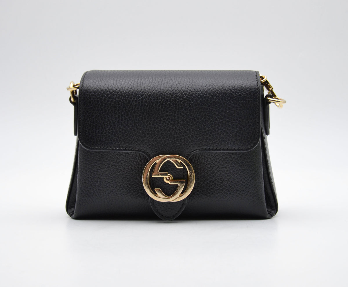 Sac Gucci Interlocking Mini Cuir Grainé Noir Chaîne Champagne