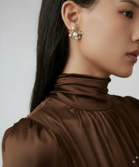 Nina Ricci Gold-Tone Faux Pearl & Rhinestone Floral Clip-On Earrings