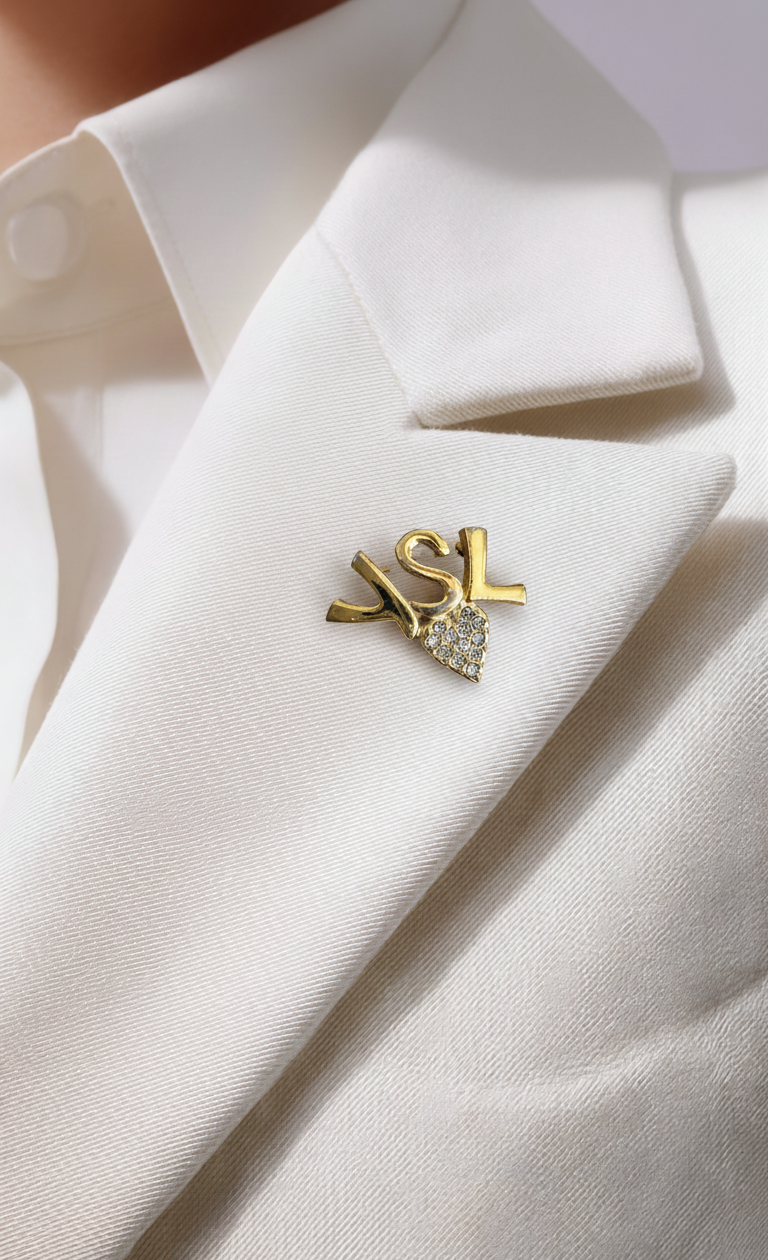 Vintage YSL Logo Heart Brooch with Rhinestones