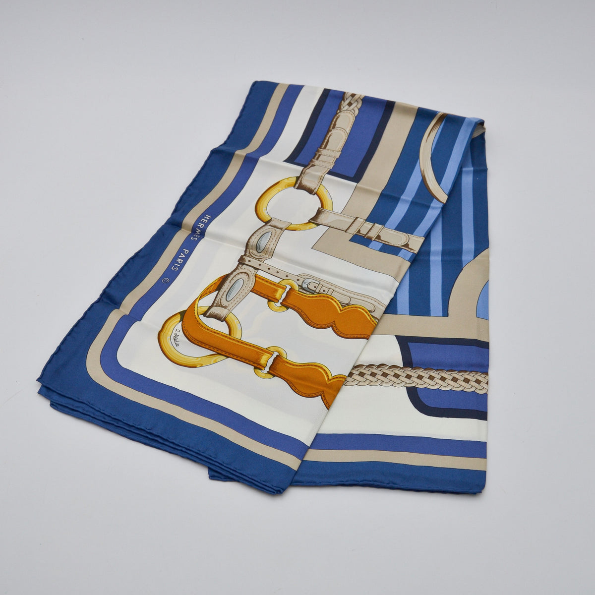 Carré Hermès « Coaching » soie bleu & or