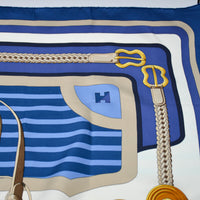 Carré Hermès « Coaching » soie bleu & or