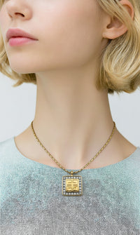 Vintage 1980 Givenchy Logo Pendant Necklace – Gold Tone with Rhinestone Border