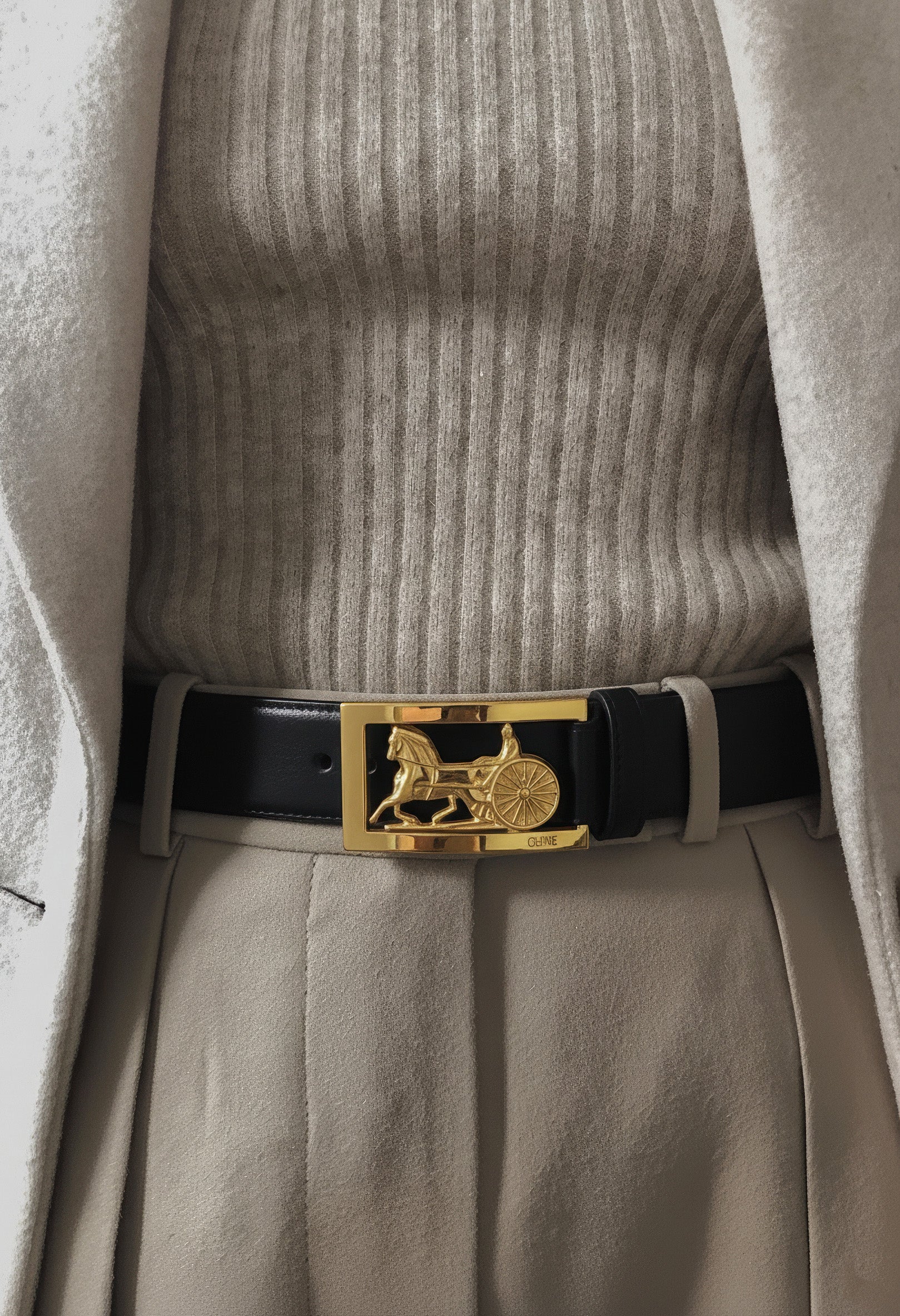Céline Vintage Black Leather Belt with Gold Horse & Carriage