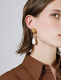 Yves Saint Laurent Vintage Gold and White Milk Glass Drop Earrings