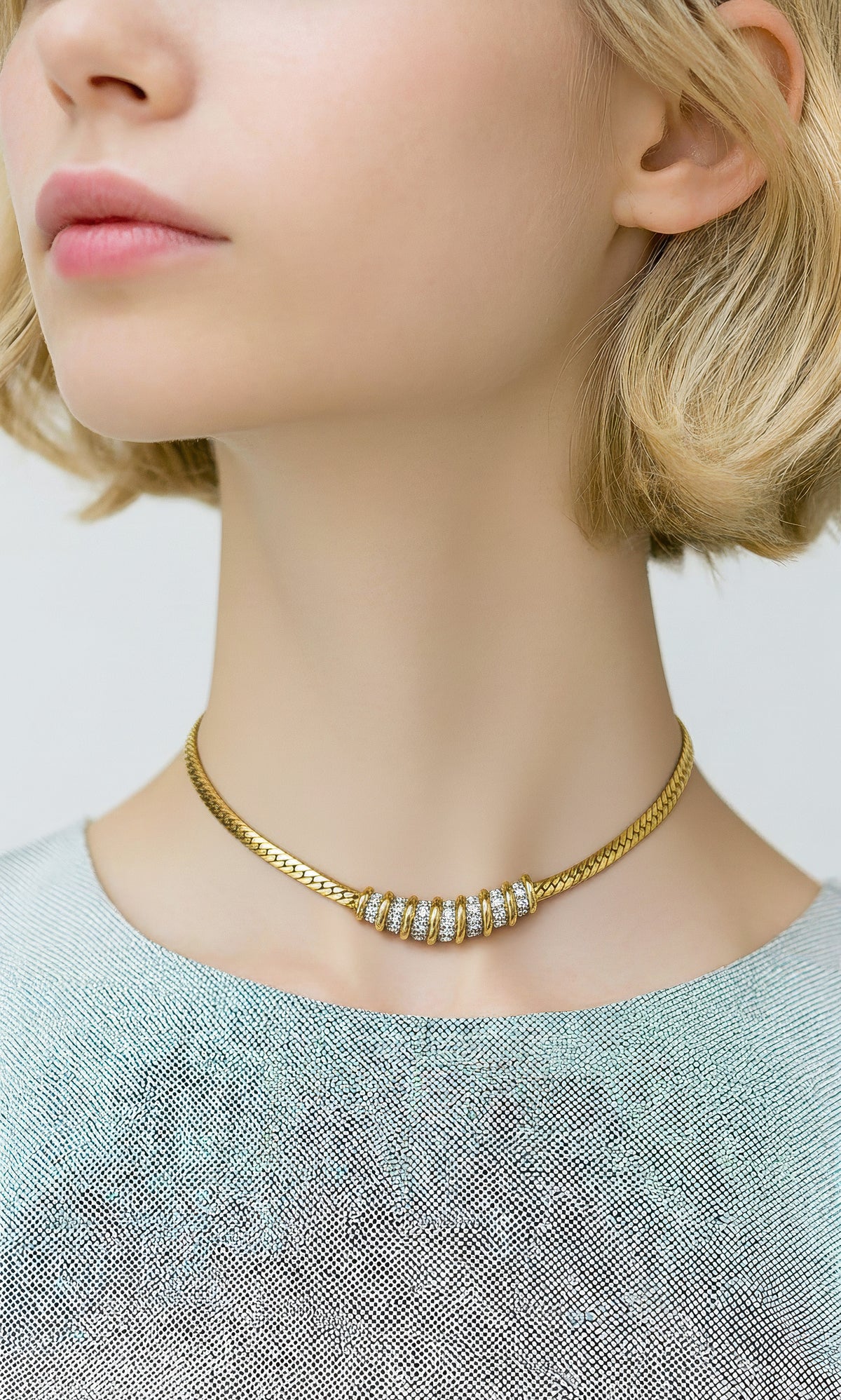 Vintage Nina Ricci Gold-Tone Rhinestone Necklace with Woven Chain