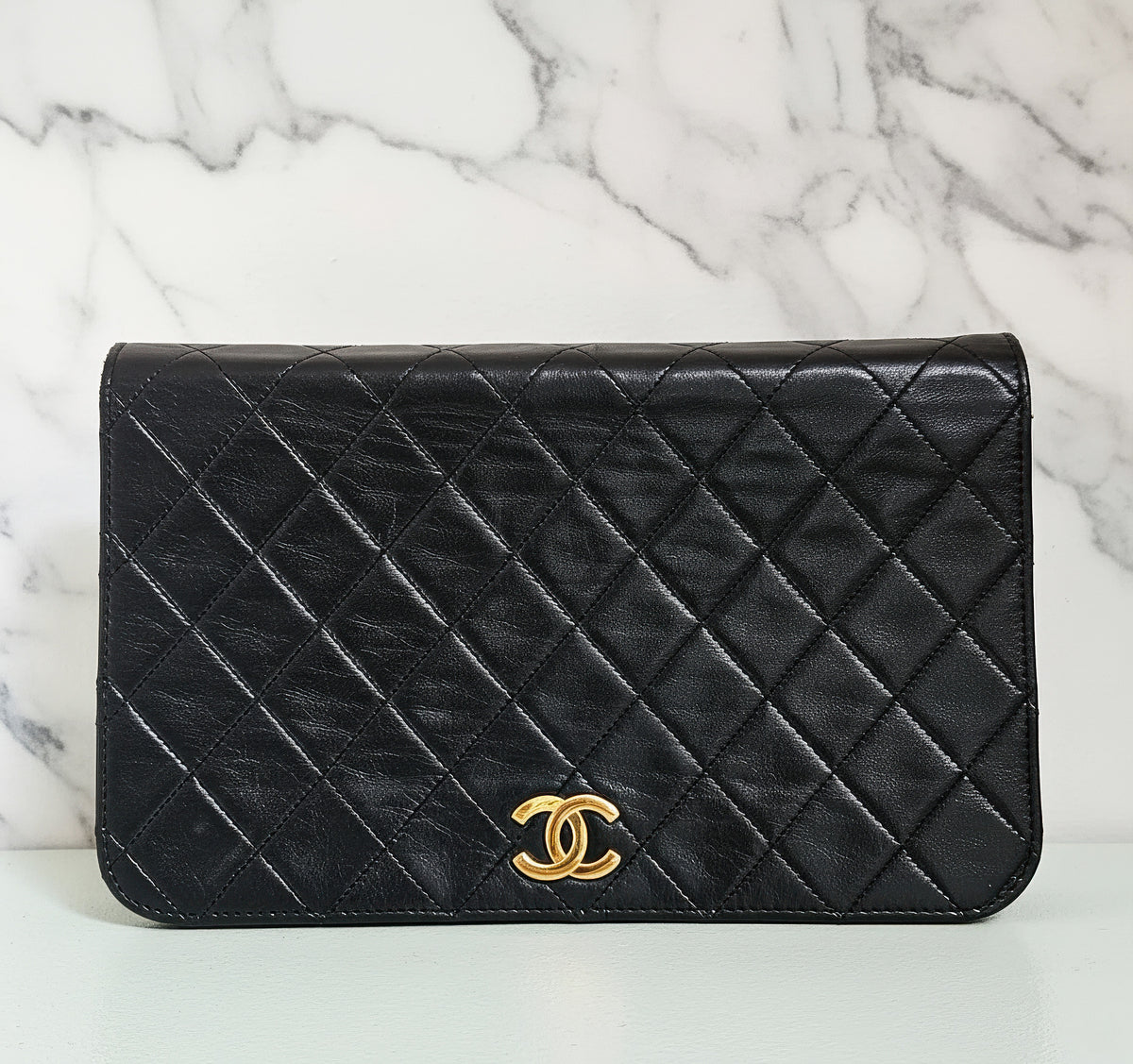 Vintage Chanel Timeless Single Flap Bag in Black Lambskin Leather