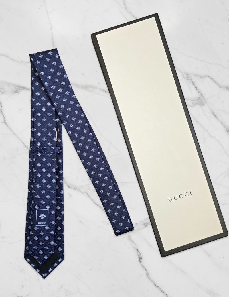 Gucci Silk Tie Navy Blue Bee GG Pattern