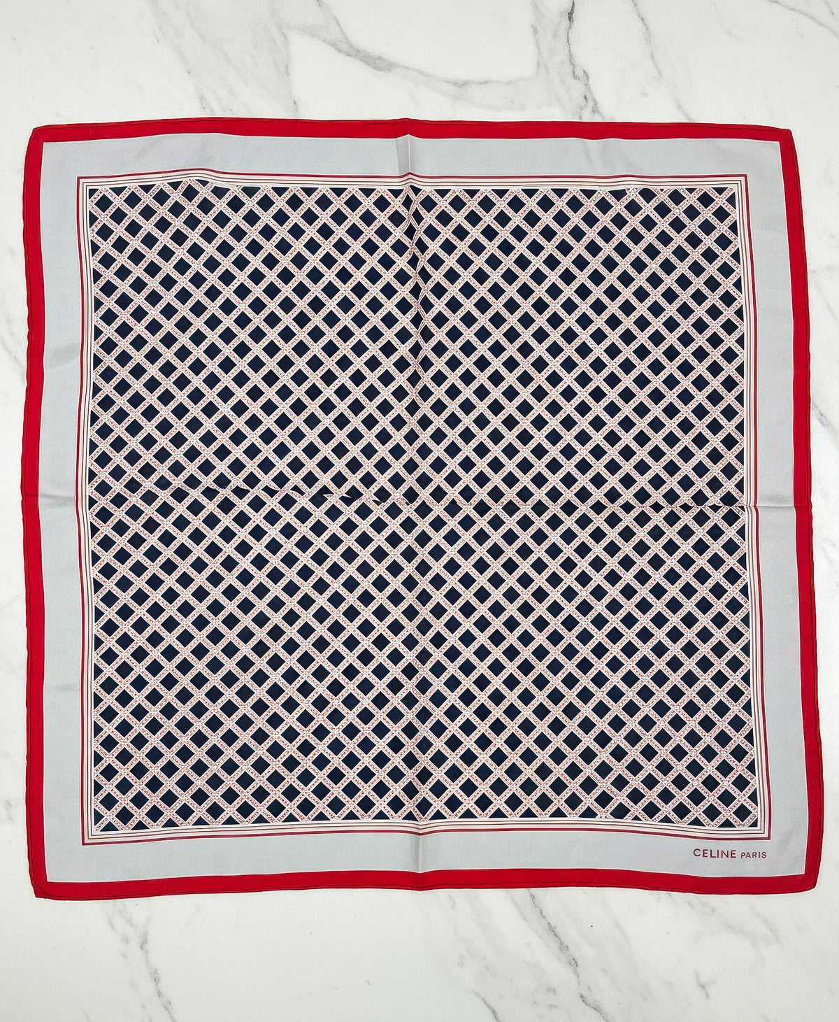 Celine Silk Scarf – Checkered Print, Navy & Red