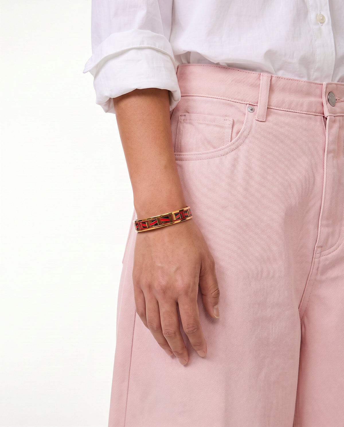 Bracelet Hermès Vintage Émail Rouge Motif Colonnes