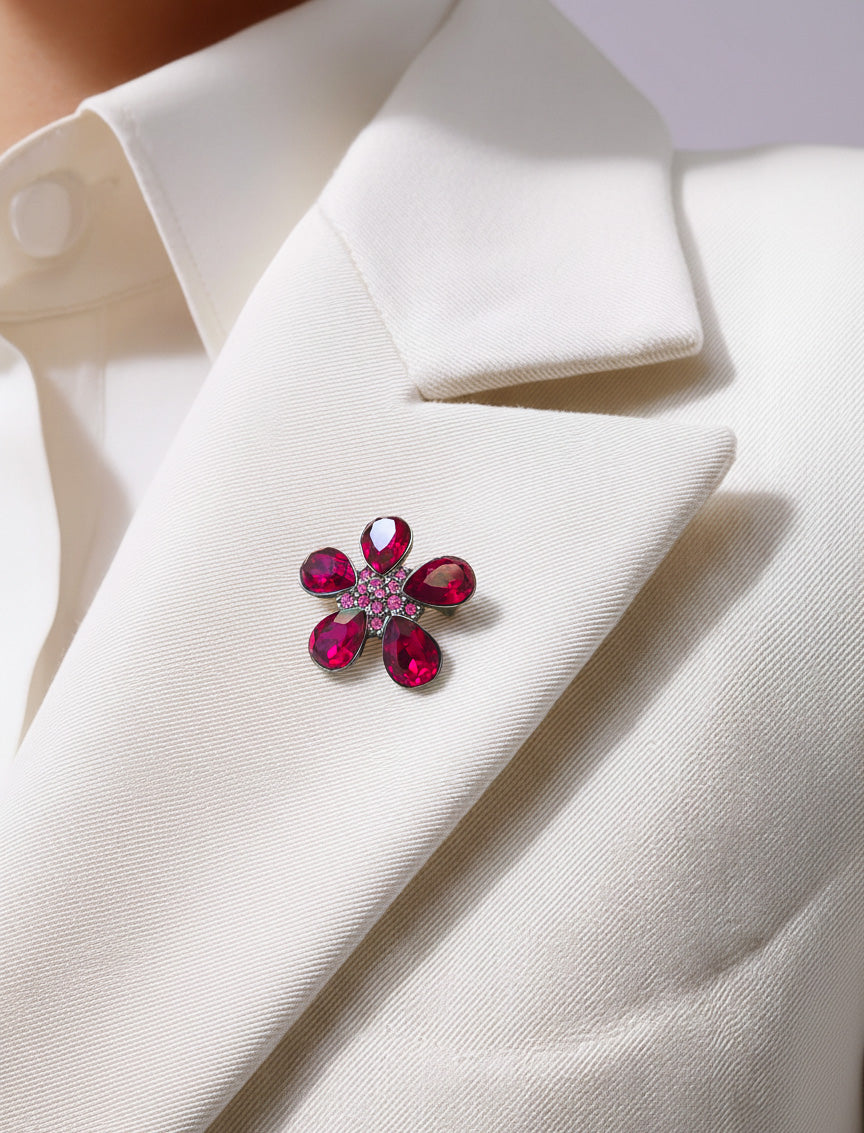 Givenchy Vintage Mini Flower Brooch with Ruby Pink Crystals