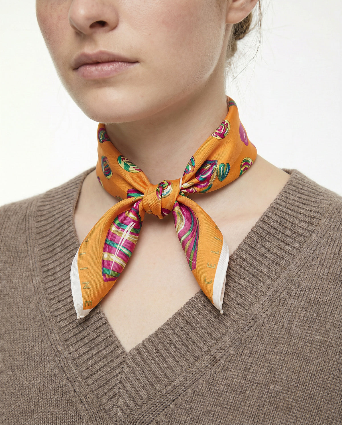 Vintage Céline Orange Bandana Scarf with Multicolored Heart and Ring Pattern 