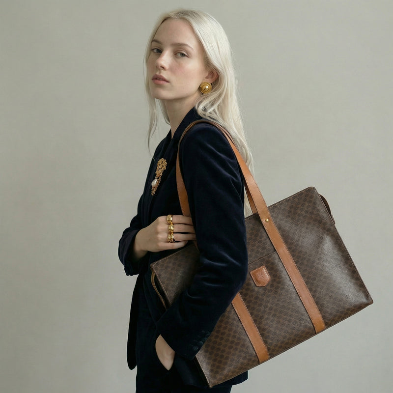 Sac Tote Céline XL en toile Macadam et cuir caramel – Vintage