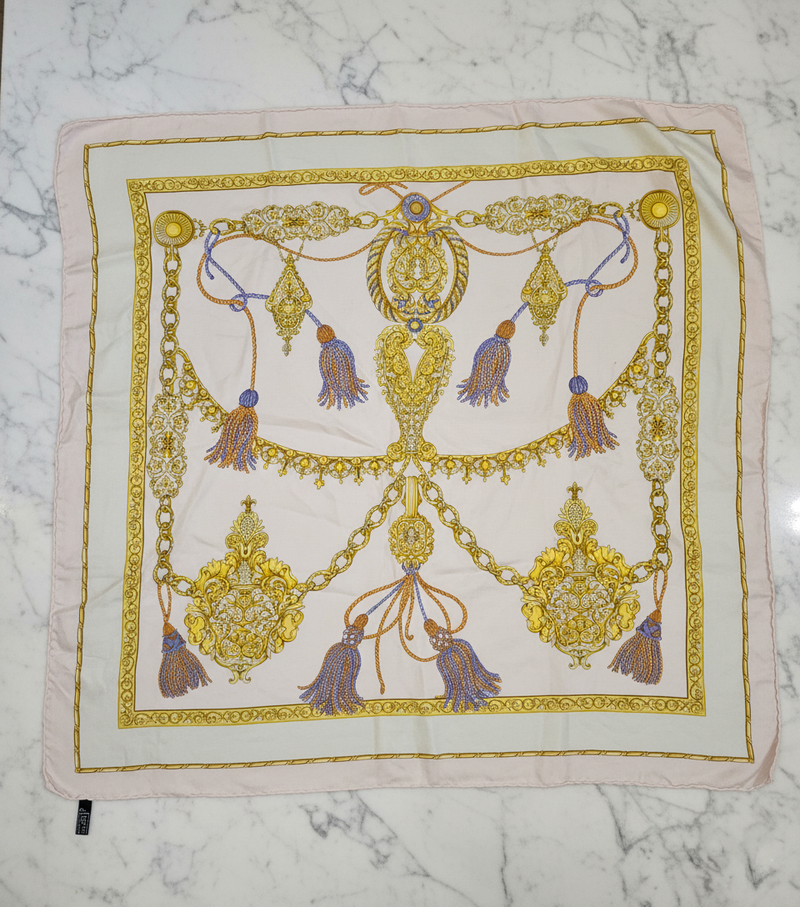 Vintage Celine Baroque Tassel Silk Scarf in Pink & Gold