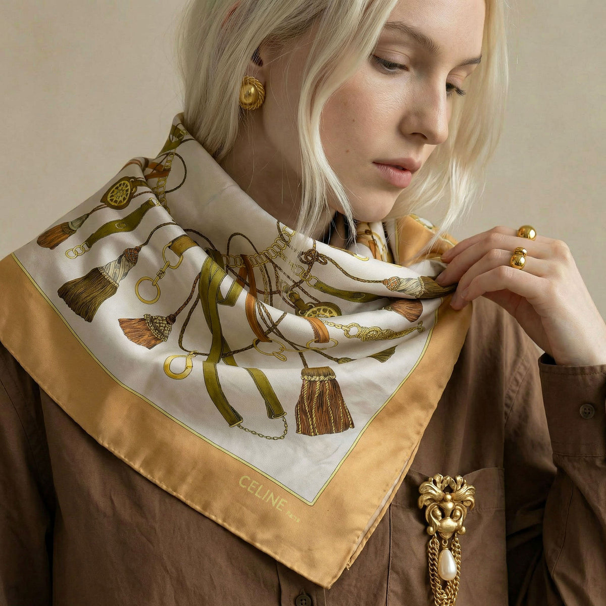 Foulard Céline vintage motif équestre & pampilles