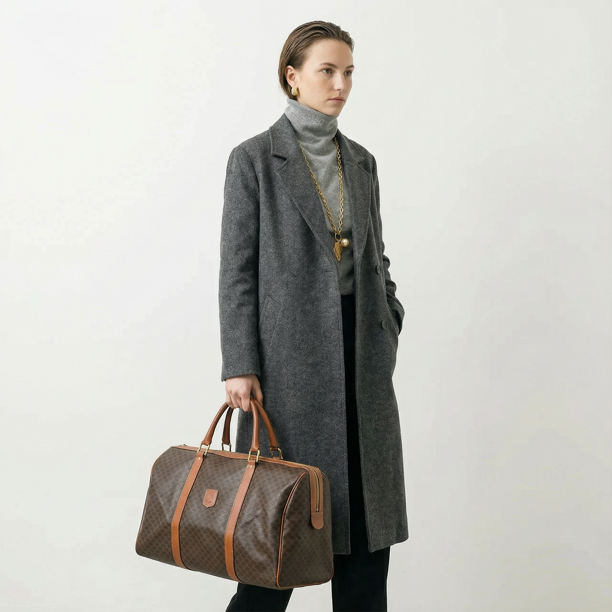 Sac de voyage Céline Boston Macadam vintage en toile enduite et cuir caramel