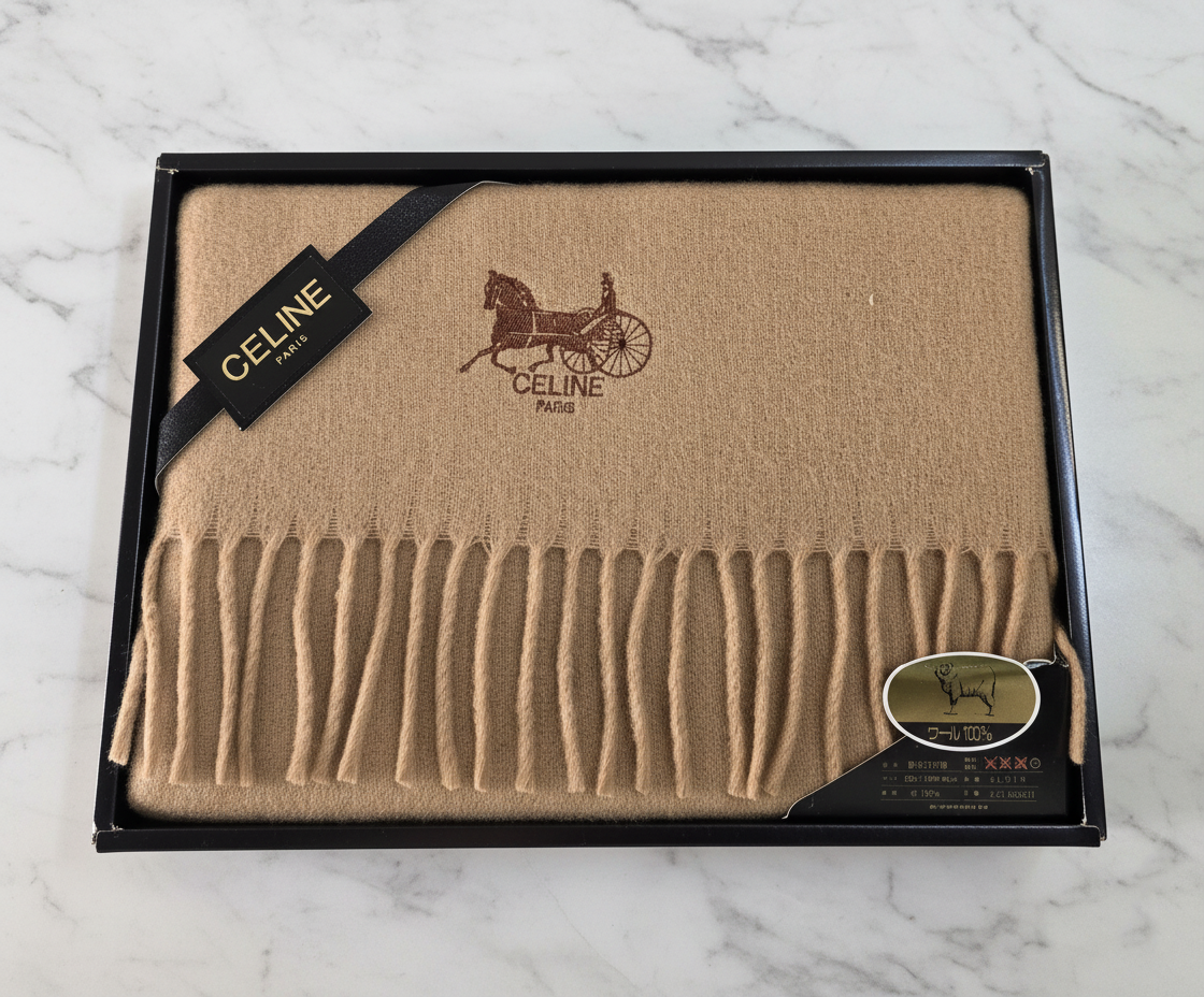 Celine Wool Scarf Camel Beige Horse Carriage Logo