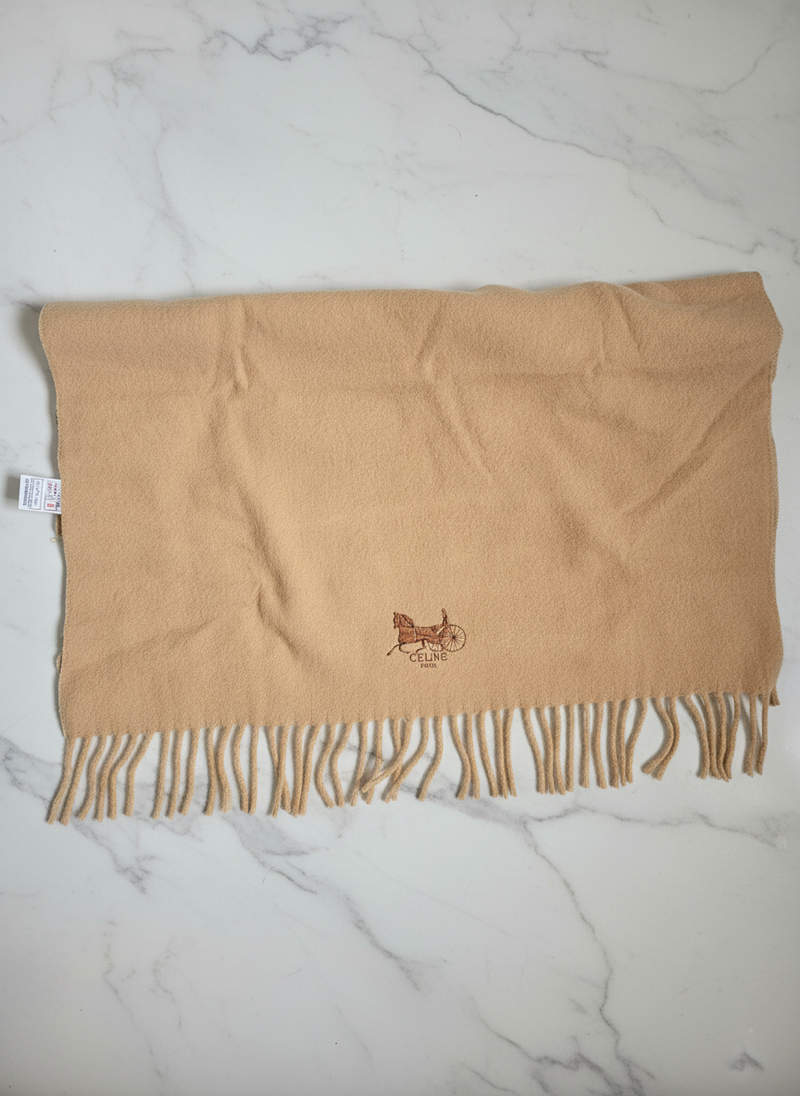 Celine Wool Scarf Camel Beige Horse Carriage Logo