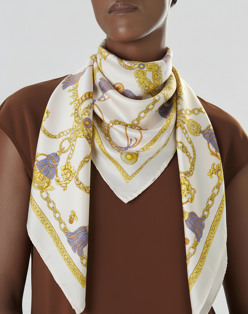 Vintage Celine Baroque Tassel Silk Scarf in Pink & Gold