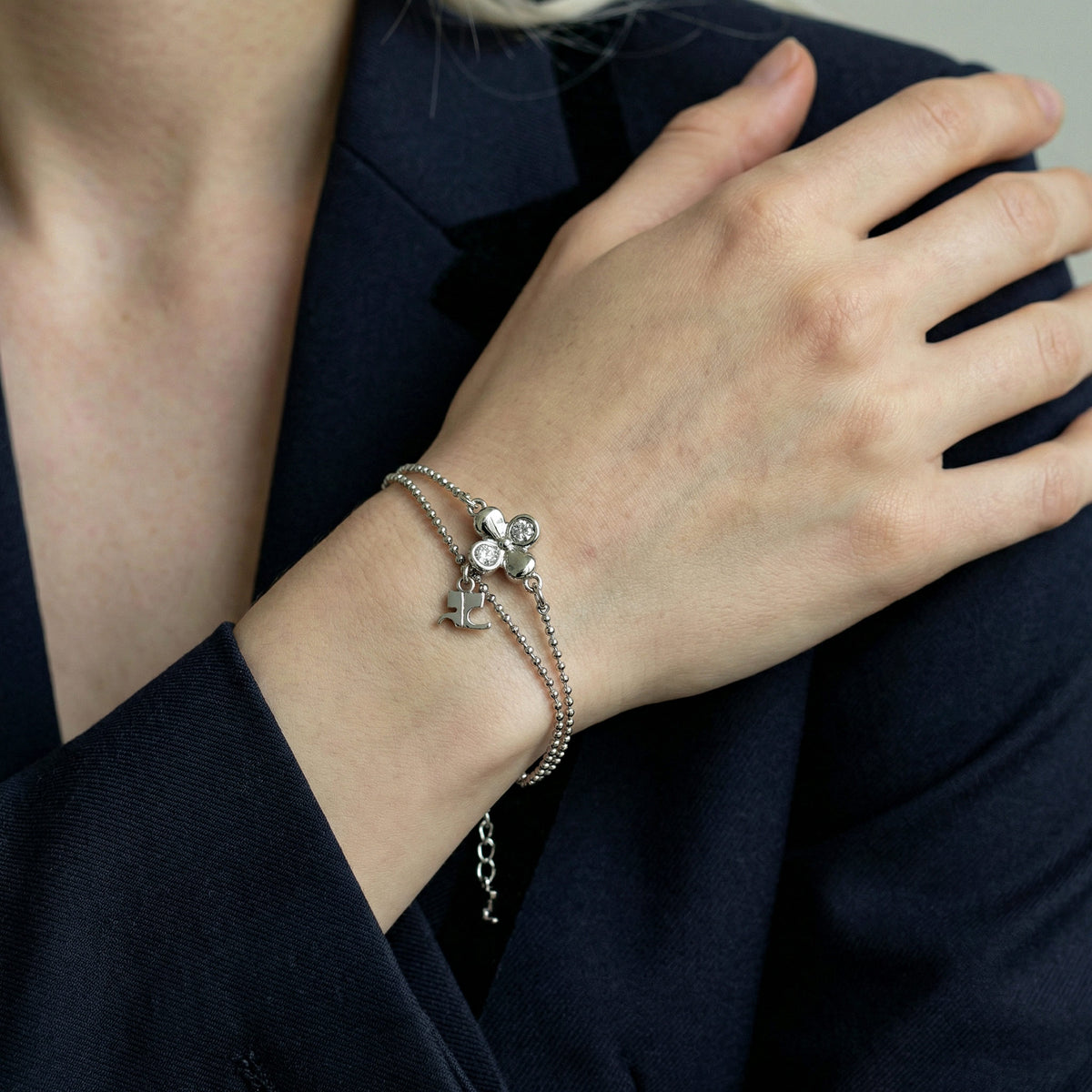 Courrèges Double Silver-Tone Crystal Logo Bracelet