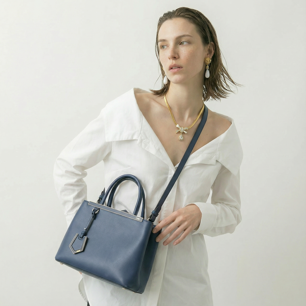 Fendi 2Jours Blue Leather Tote Bag