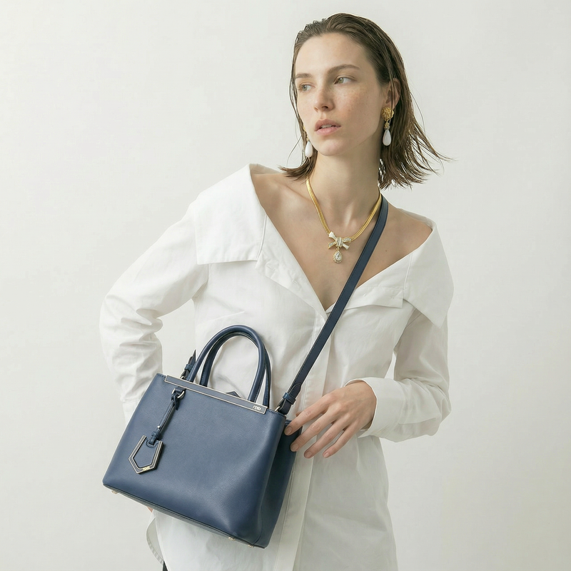 Fendi 2Jours Blue Leather Tote Bag