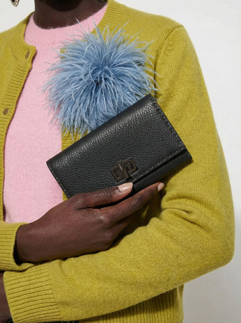 Portefeuille Fendi Selleria Cuir Grainé Gris Anthracite Unisexe