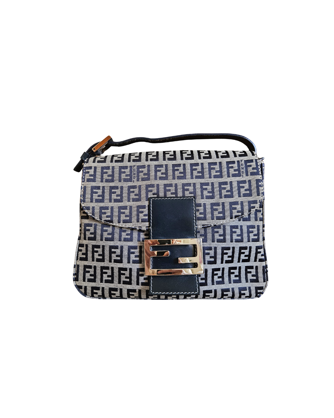 Vintage Fendi Mama Baguette Bag in Zucca Canvas with Navy Blue Leather Accents