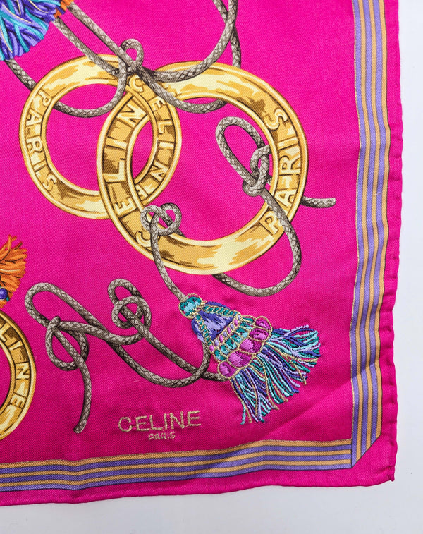 Foulard Bandana Vintage Céline Brodé Rose Fuchsia À Motifs Anneaux Et Pompons