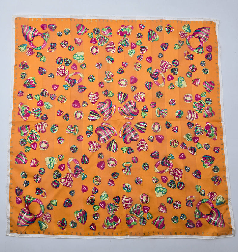 Foulard Bandana Vintage Céline Orange À Motif Cœurs Et Anneaux Multicolores