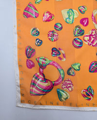 Foulard Bandana Vintage Céline Orange À Motif Cœurs Et Anneaux Multicolores