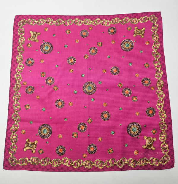 Foulard Bandana vintage Céline Rose Fuchsia à Motif Chaînes Dorées