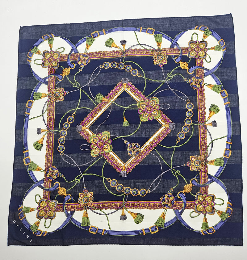 Foulard Bandana Vintage Céline Bleu À Motifs Floraux Et Chaînes