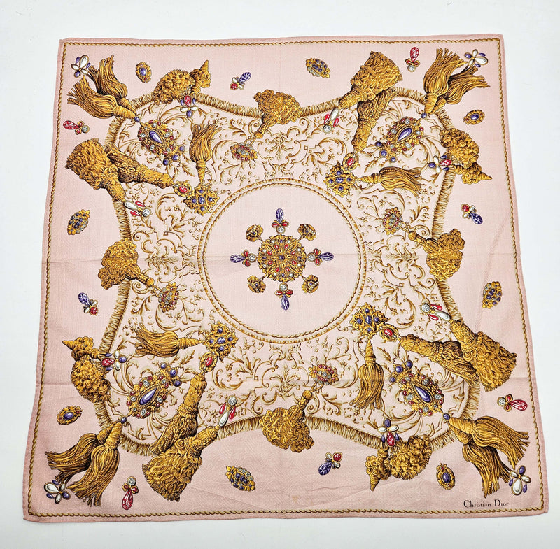 Foulard Bandana Vintage Christian Dior Rose À Motif Baroque Doré