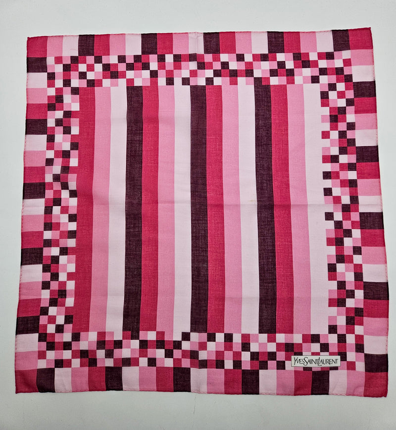 Foulard Bandana Vintage Yves Saint Laurent Rose À Motif Rayures Et Damier