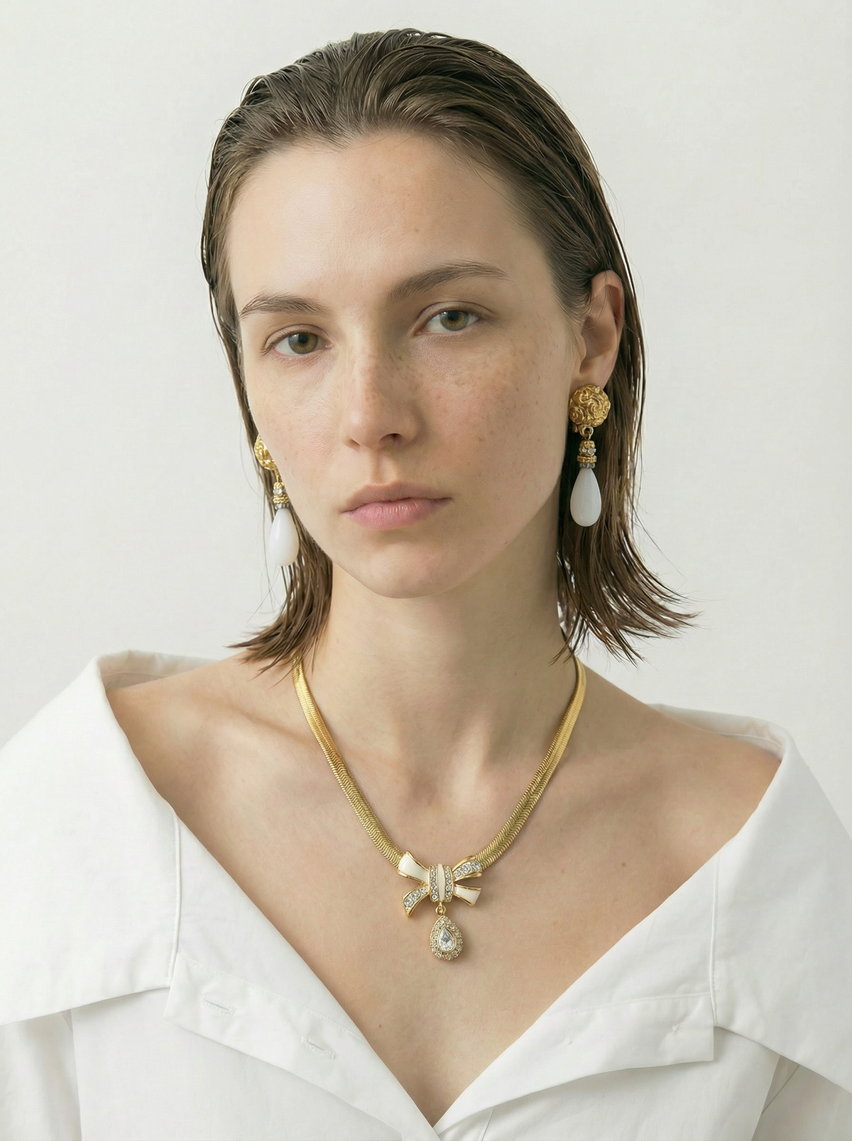 Givenchy Gold-Plated Necklace with Bow & Crystal Drop Pendant