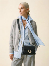 Sac Gucci Interlocking Mini Cuir Grainé Noir Chaîne Champagne