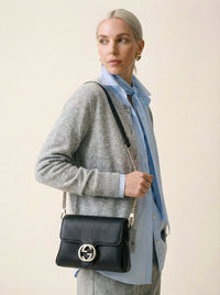 Sac Gucci Interlocking Mini Cuir Grainé Noir Chaîne Champagne