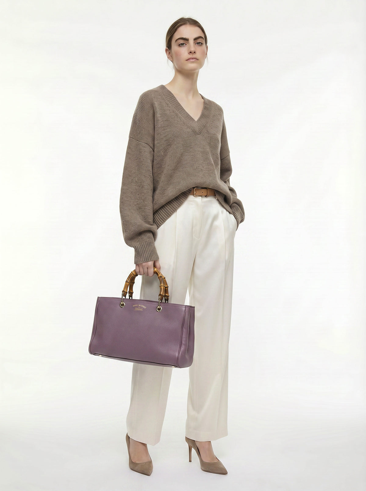 Shopper Gucci Bamboo Cuir Grainé mauve