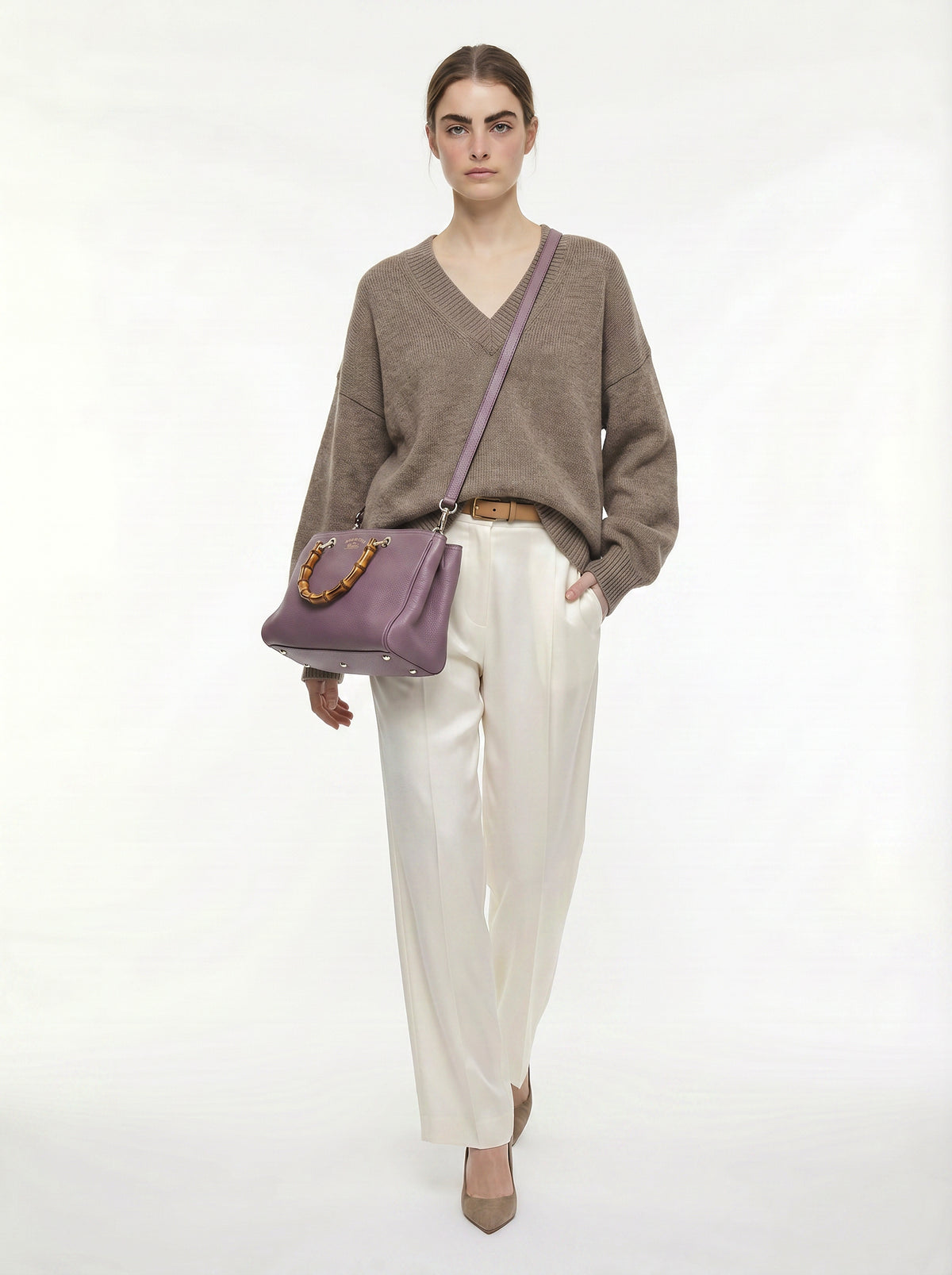 Shopper Gucci Bamboo Cuir Grainé mauve