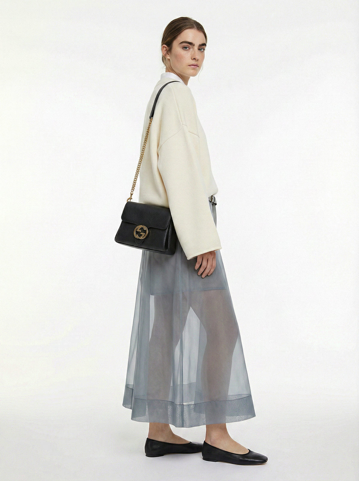 Sac Gucci Interlocking Mini Cuir Grainé Noir Chaîne Champagne