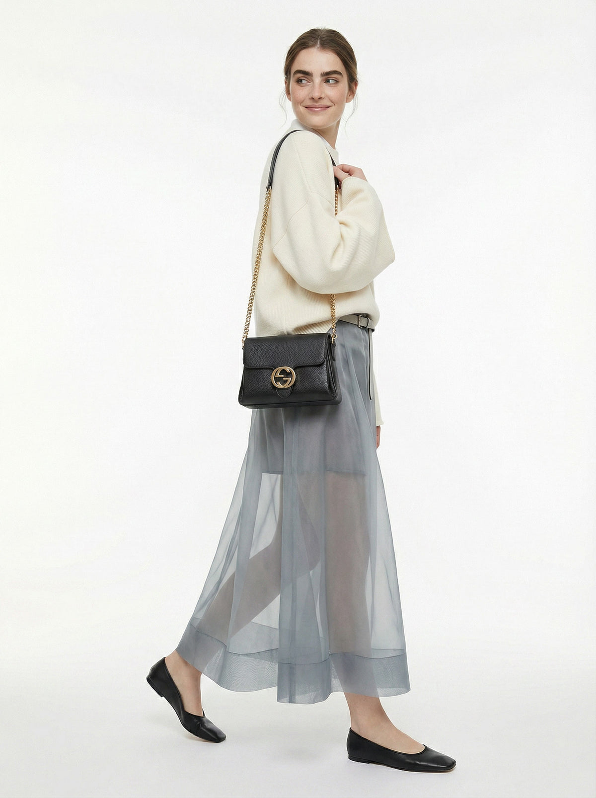 Sac Gucci Interlocking Mini Cuir Grainé Noir Chaîne Champagne