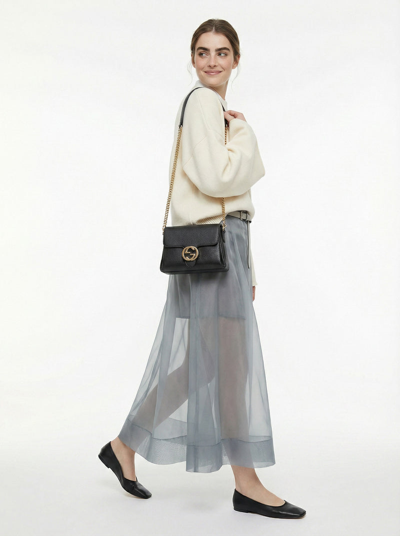 Sac Gucci Interlocking Mini Cuir Grainé Noir Chaîne Champagne