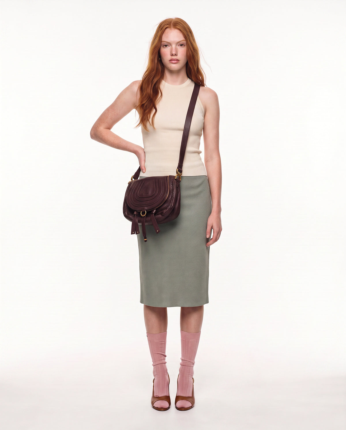 Sac Chloé Marcie Besace Cuir Grainé Bordeaux