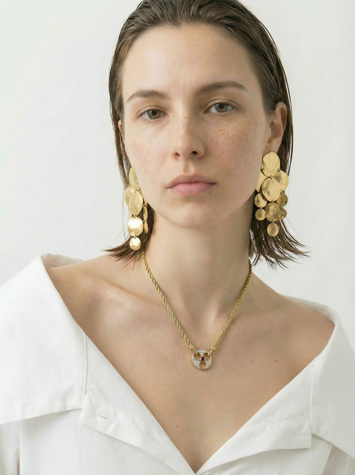 Nina Ricci Necklace with Rhinestone & Red Cabochon Pendant