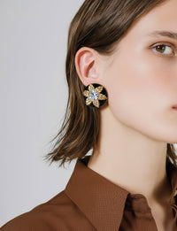 Fendi Vintage Gold-Plated Clip-On Earrings with Black Enamel & Crystal
