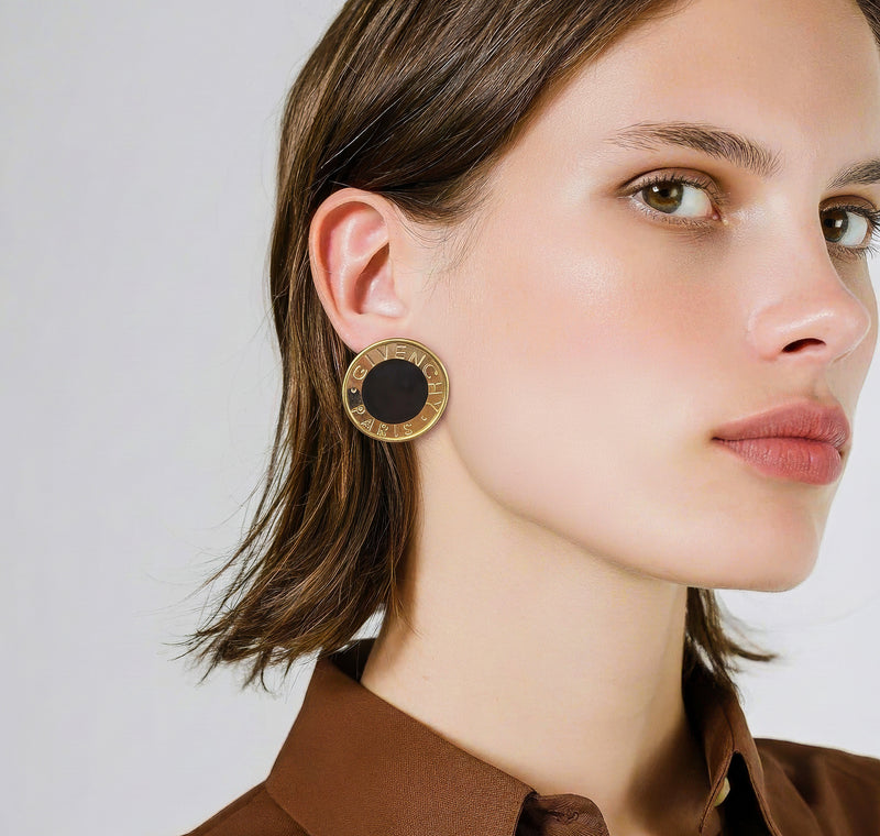 Givenchy Maxi Gold-Plated Black Enamel Clip-On Earrings