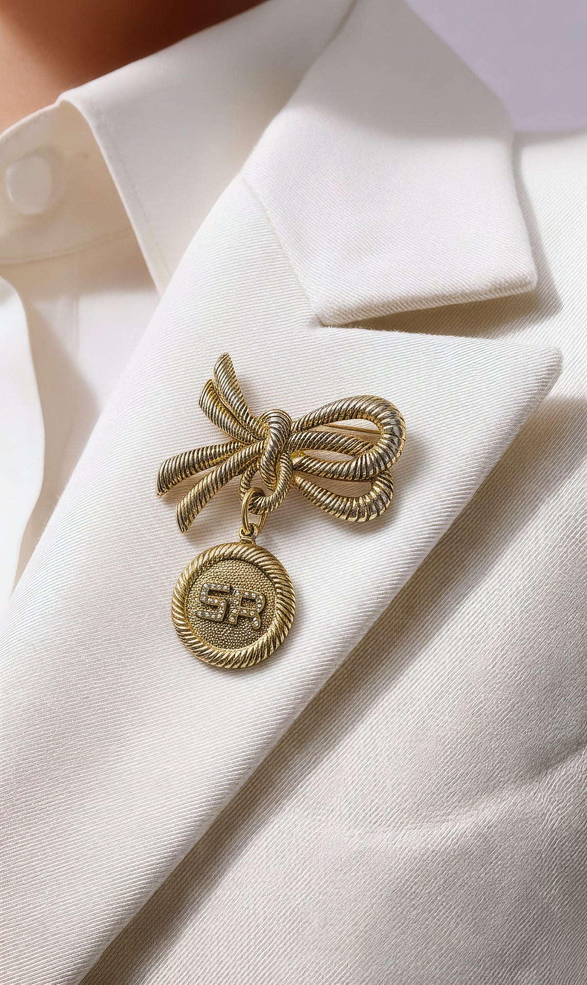 Vintage Sonia Rykiel Bow & Medallion Brooch with Rhinestones