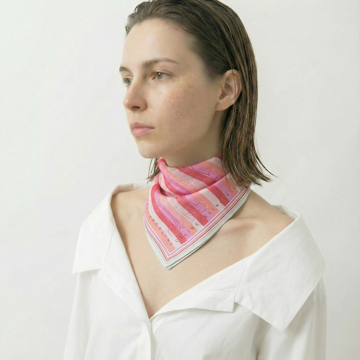 Celine Pink Cotton Scarf – Triomphe Logo & Stripes