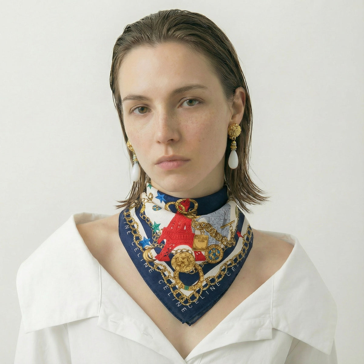 Celine Paris Motif Cotton Scarf – 48×48 cm Summer Bandana