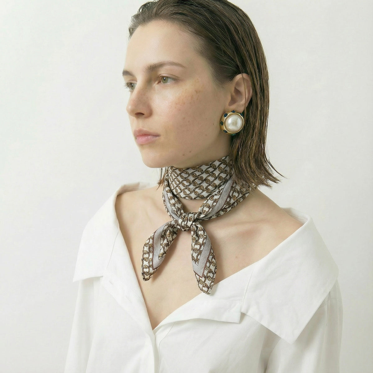 Celine Beige Mini Chain  Cotton Bandana Scarf